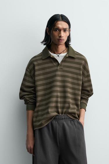 Zara STRIPED PIQUÉ POLO SHIRT - Dark khaki