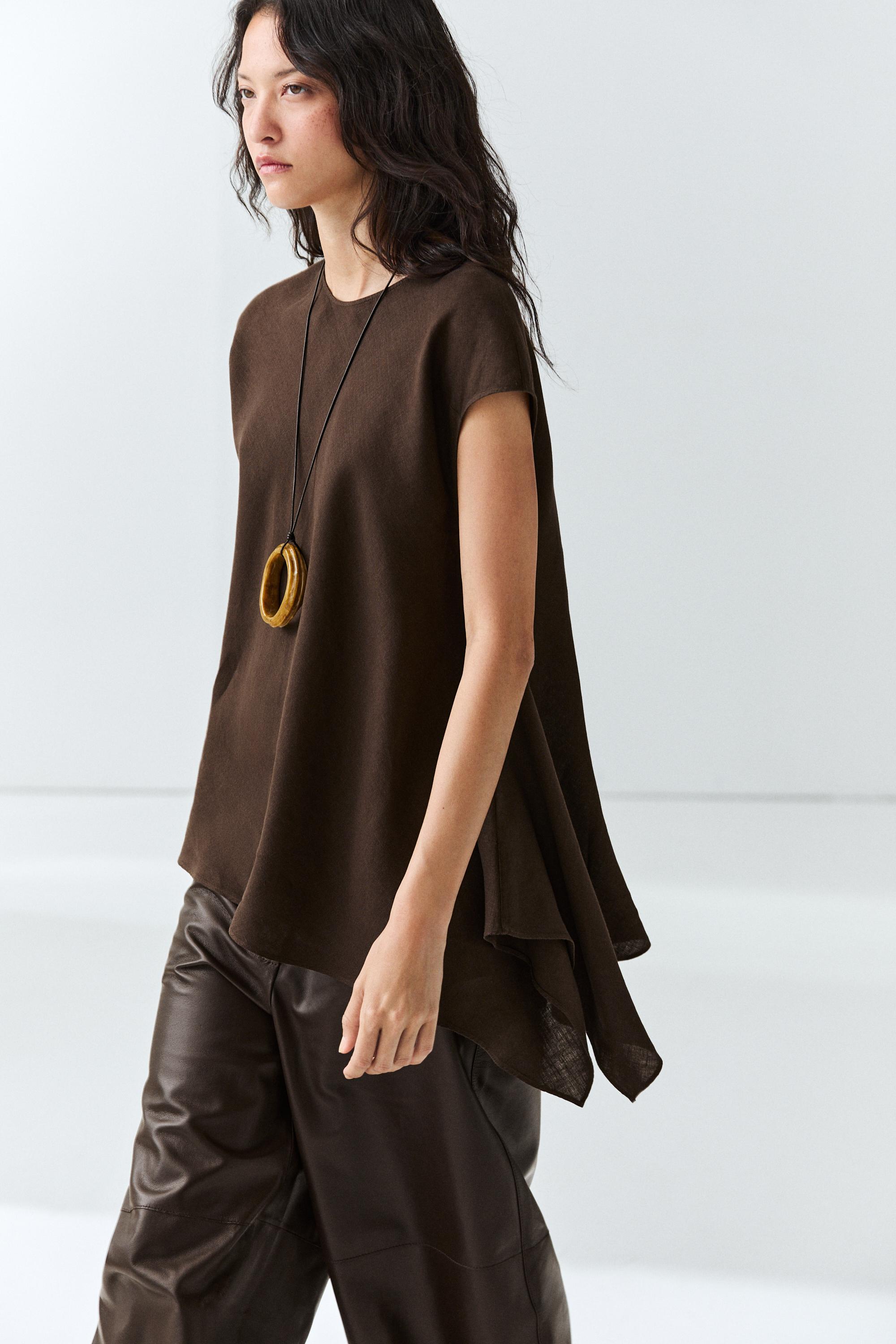 100% linen asymmetric top — Brown
