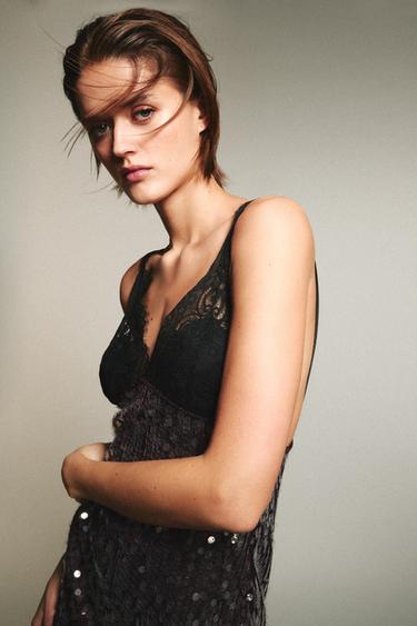 CONTRASTING SEQUIN AND LACE MIDI DRESS - Red / Black by Zara