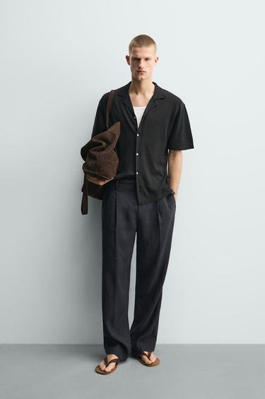 Zara LINEN COTTON BLEND KNIT SHIRT - Black - Image 0