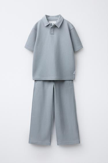 طقم بولو وبنطلون بيكيه متشابك - رمادي لؤلؤي by Zara