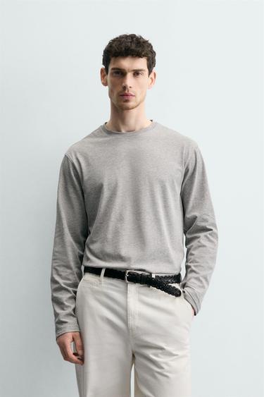 تيشرت متوسط الوزن بأكمام طويلة - رمادي فيجوريه الخاص بـ Zara