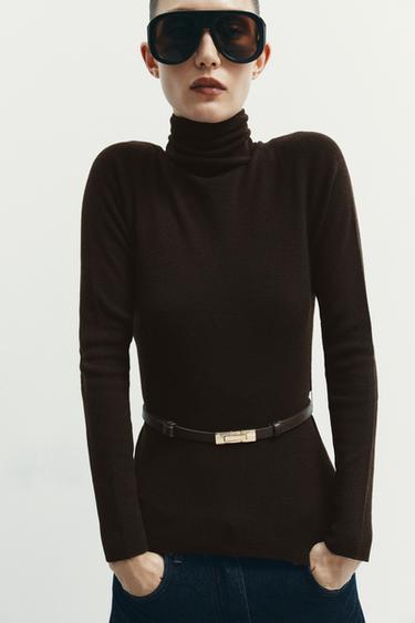 Zara 100% WOOL HIGH COLLAR BELTED JUMPER - Chocolate