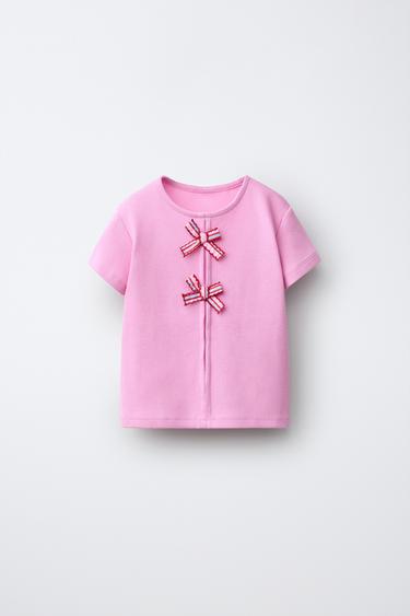 T-SHIRT CÔTELÉ À NŒUDS - Rose moyen de Zara