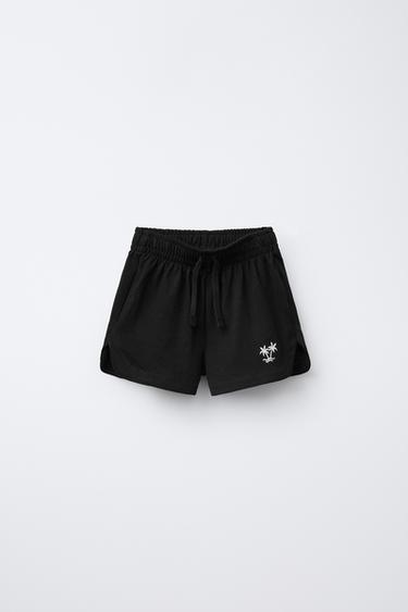 Zara PALM TREE EMBROIDERED SHORTS - Black