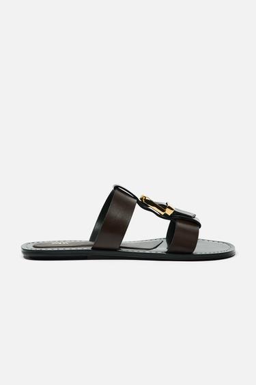 DOUBLE-STRAP FLAT SANDALS WITH BUCKLE - Brown by Zara