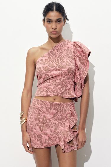 JUPE À VOLANT EN JACQUARD - Rose de Zara - Image 1