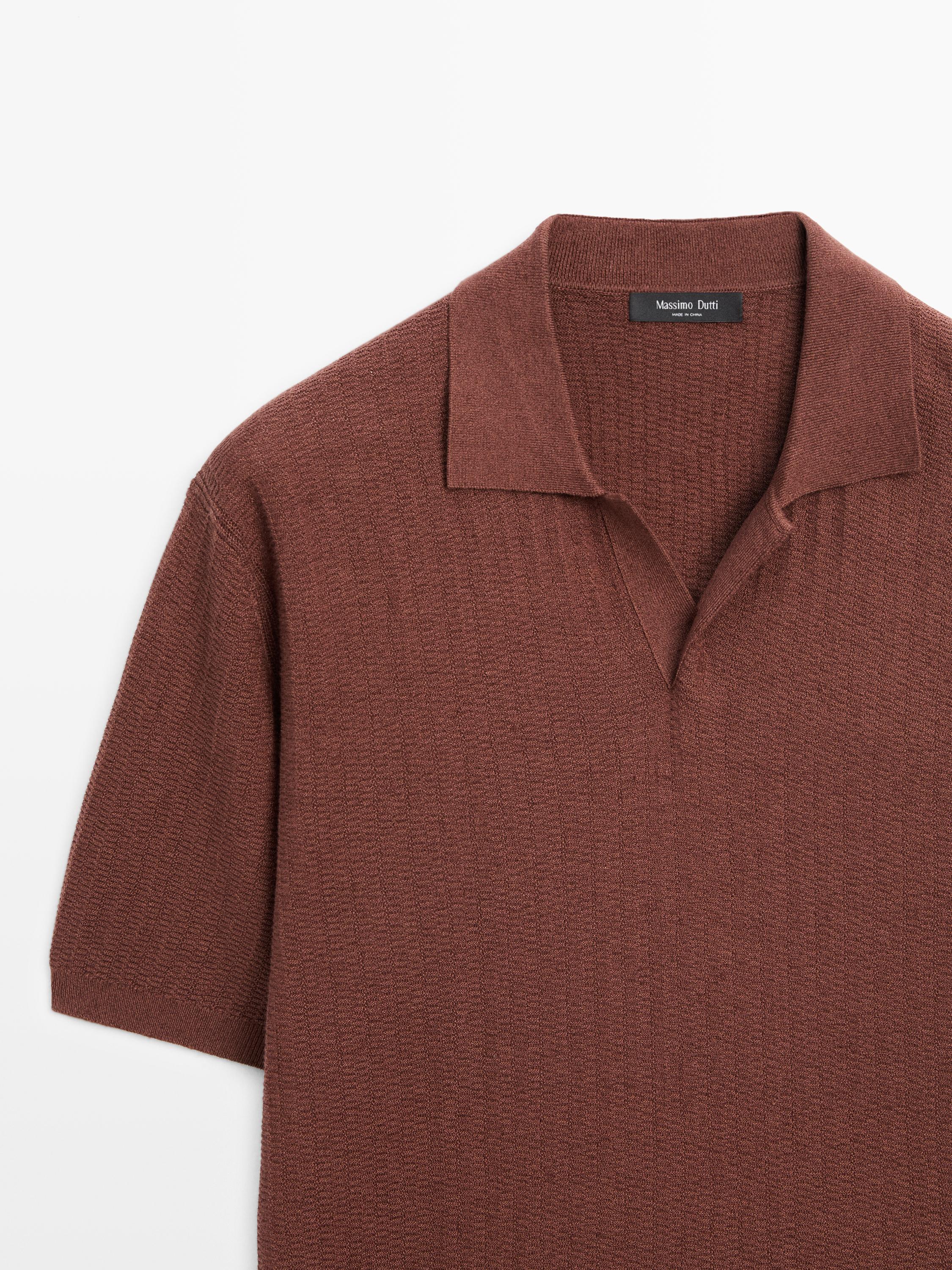 Short sleeve cotton and linen blend knit polo shirt