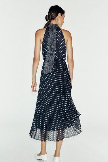 ROBE MI-LONGUE HALTER À POIS - Bleu marine / Blanc de Zara - Image 2