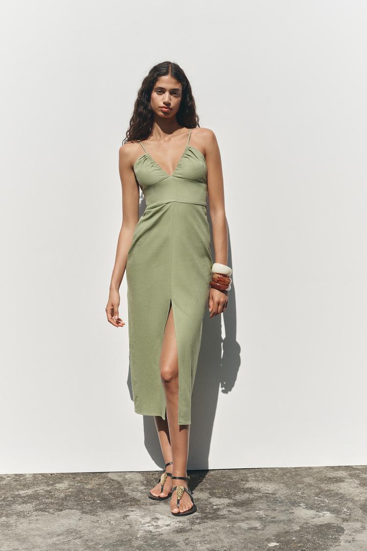 Maniche Lunghe Zara Abiti Midi Zara Completo Verde VESTITO MIDI IN