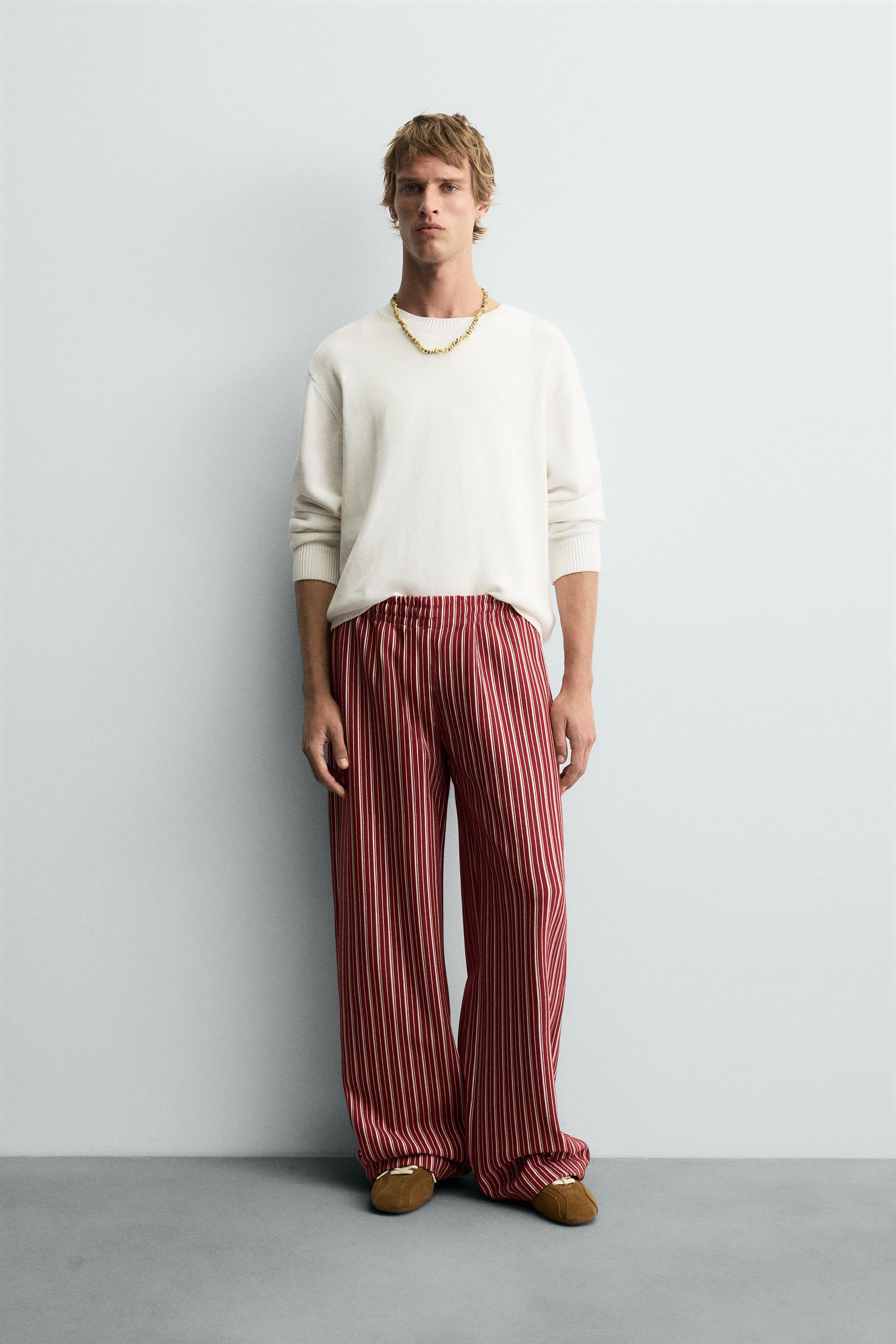 ストライプ柄リラックスフィットパンツ - レッド | ZARA Japan
