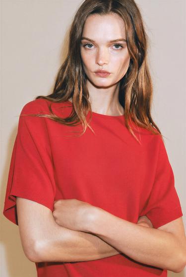 TOP PUNTO MANGA ANCHA - Rojo de Zara