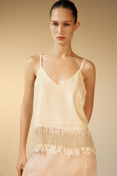 SEQUIN TOP WITH FRINGING - Ecru by Zara