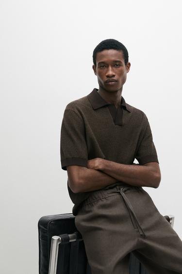 Zara 100% cotton textured knit polo sweater - Brown marl
