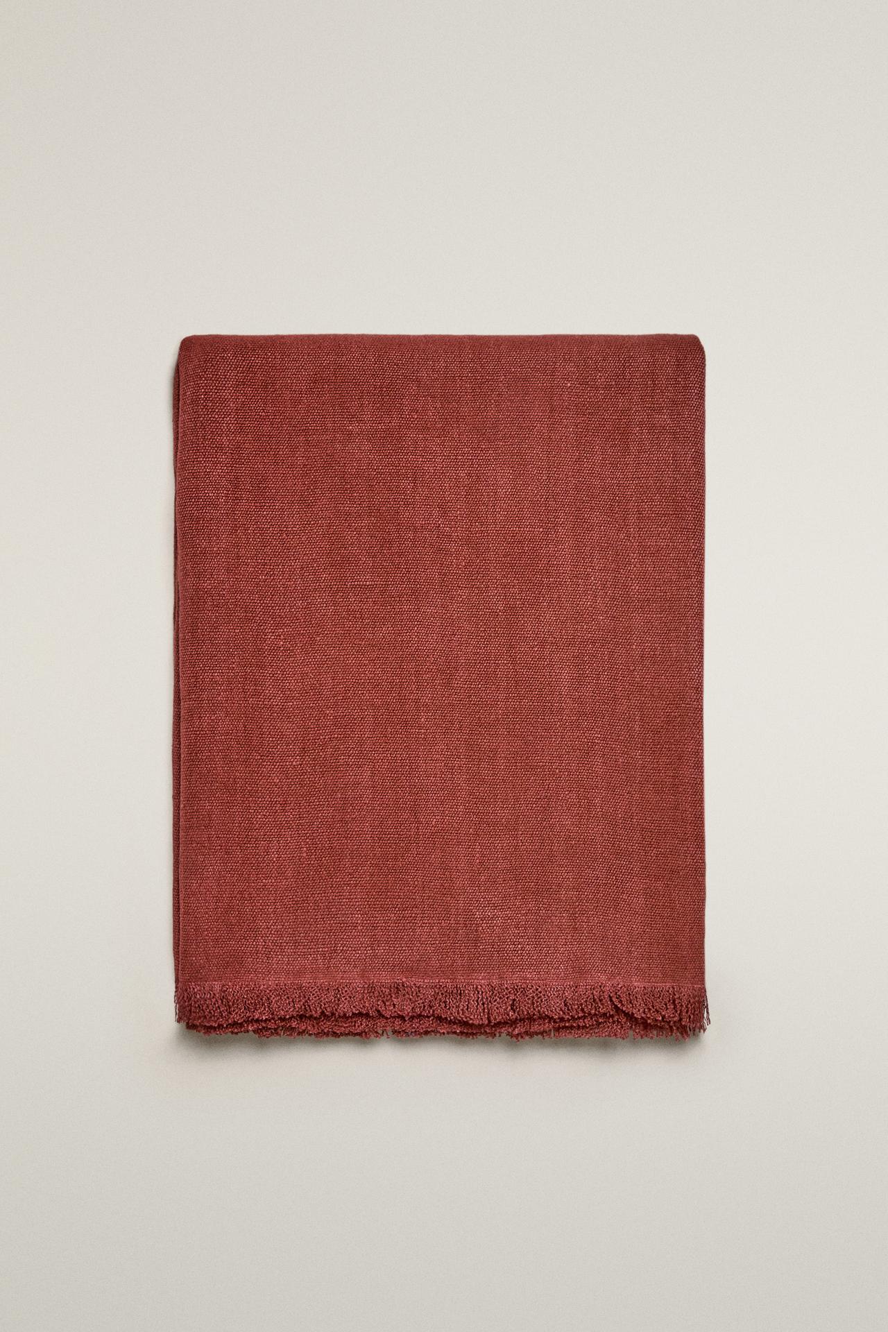 FRINGED LINEN BLANKET — Brick