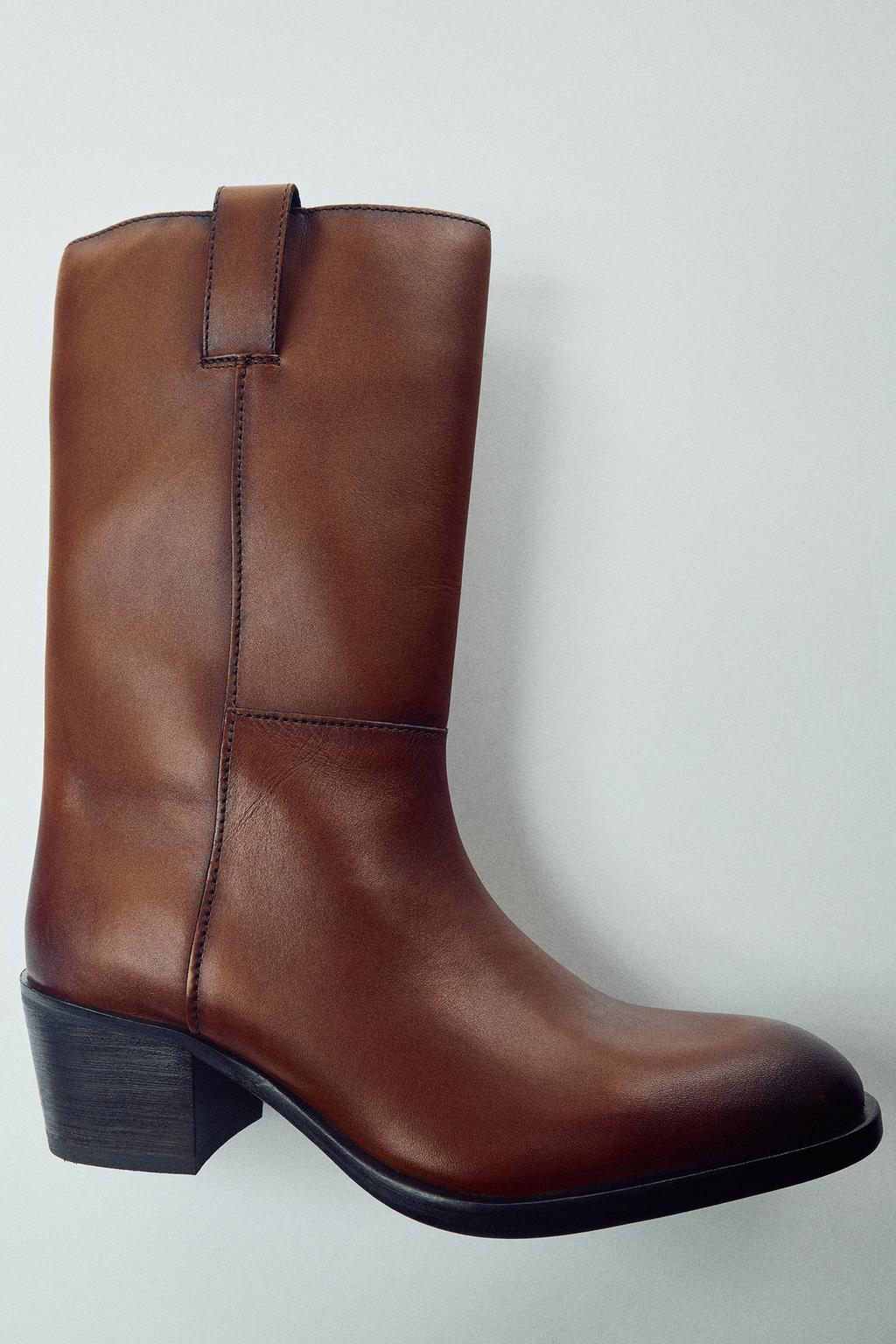 LEATHER BLOCK-HEEL ANKLE BOOTS