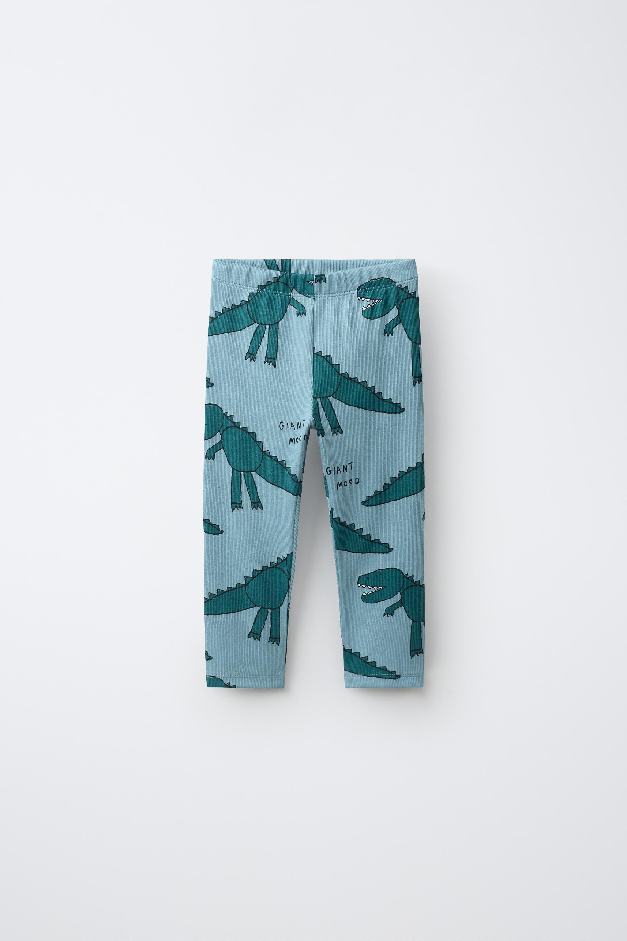 DINOSAUR PRINT RIBBED LEGGINGS — Light blue