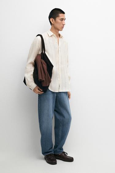 Camisa regular fit rayas 100% lino - Crudo de Zara
