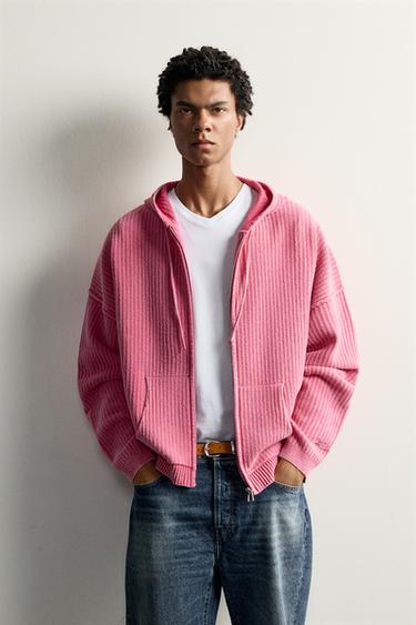 ZIP-UP HOODED KNIT SWEATSHIRT — Pink 2