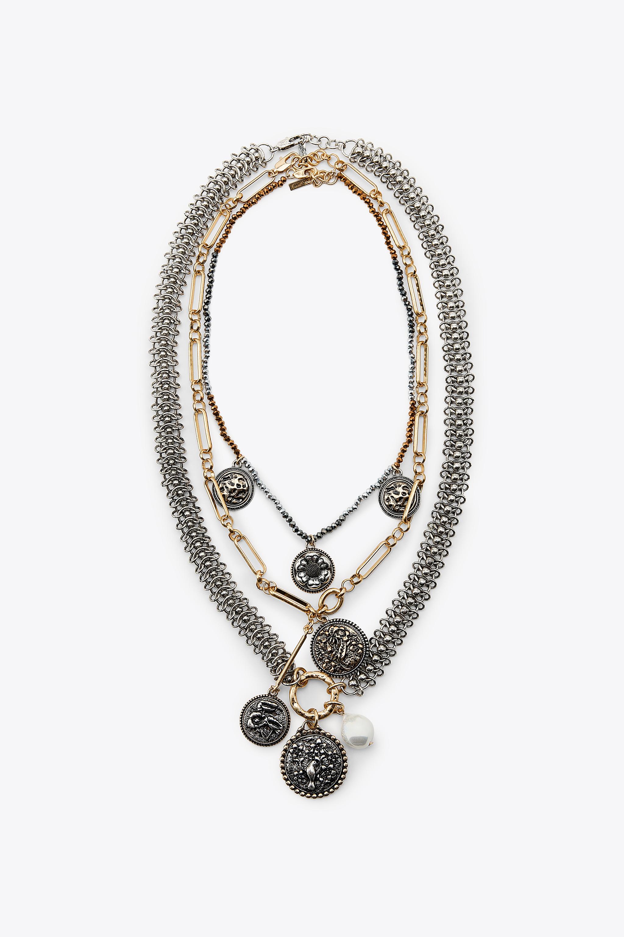 3-PACK OF CHAIN MEDALLION NECKLACES Gold Silver ZARA Spain