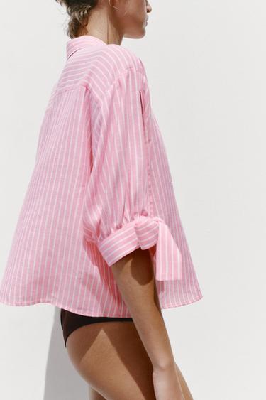 STRIPED LINEN-BLEND SHIRT WITH TIES - Pink / White by Zara - Image 2