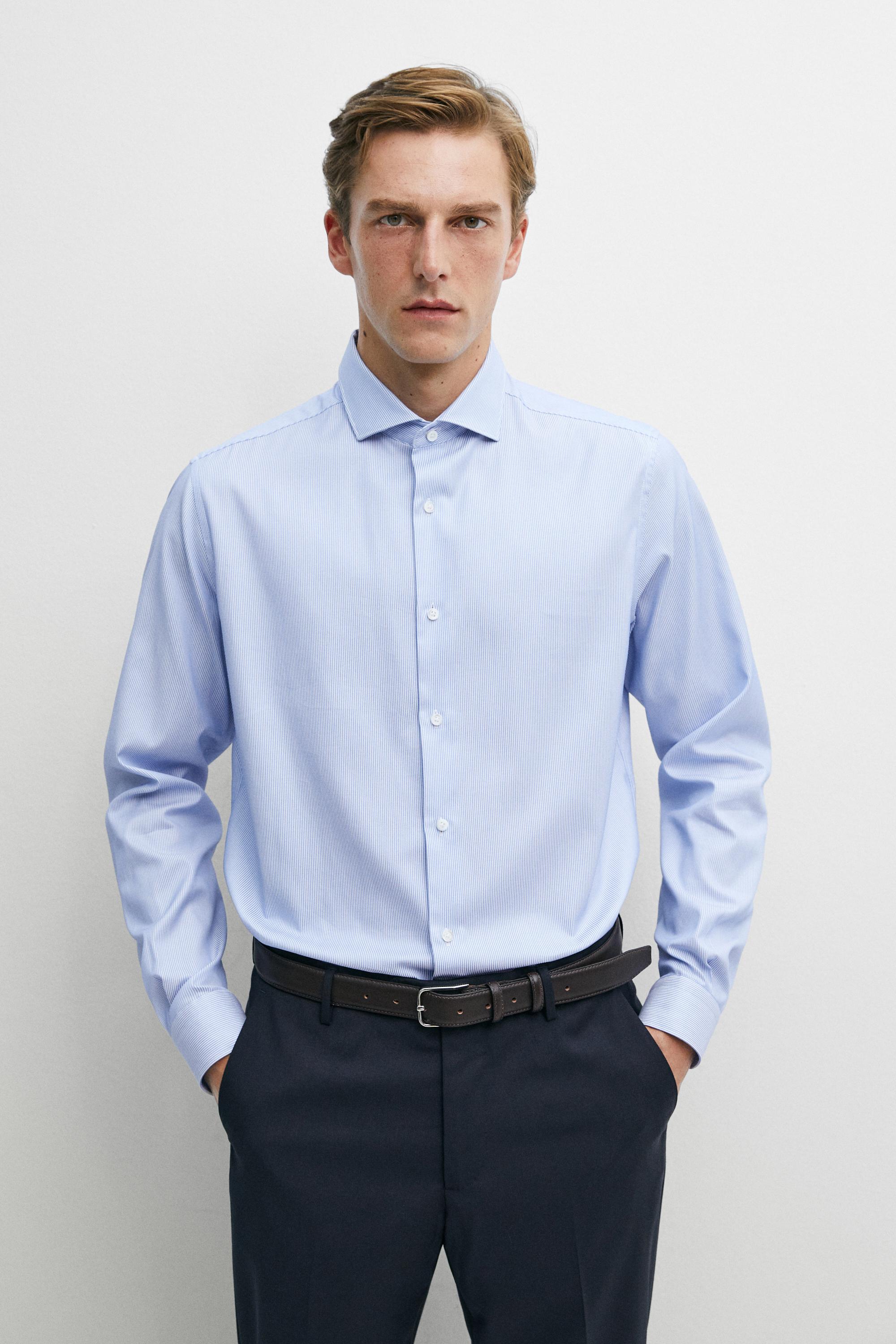 Slim fit striped 100% cotton shirt — Blue
