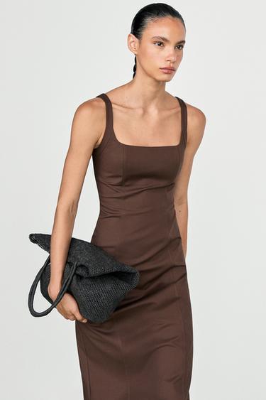 Vestido midi tirantes mezcla algodón - Marrón de Zara