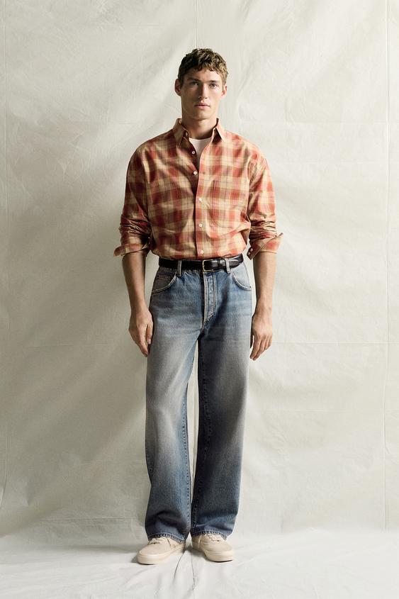Мужская рубашка Zara Cotton Silk Checked, цвет: Экрю / Красный