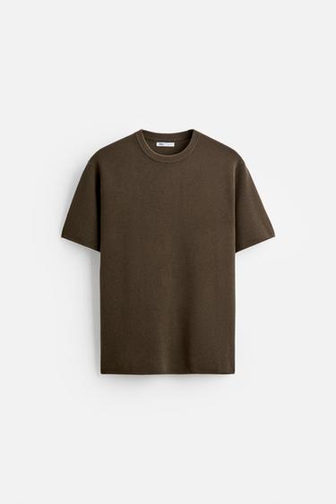 Zara TEXTURED KNIT T-SHIRT - Brown