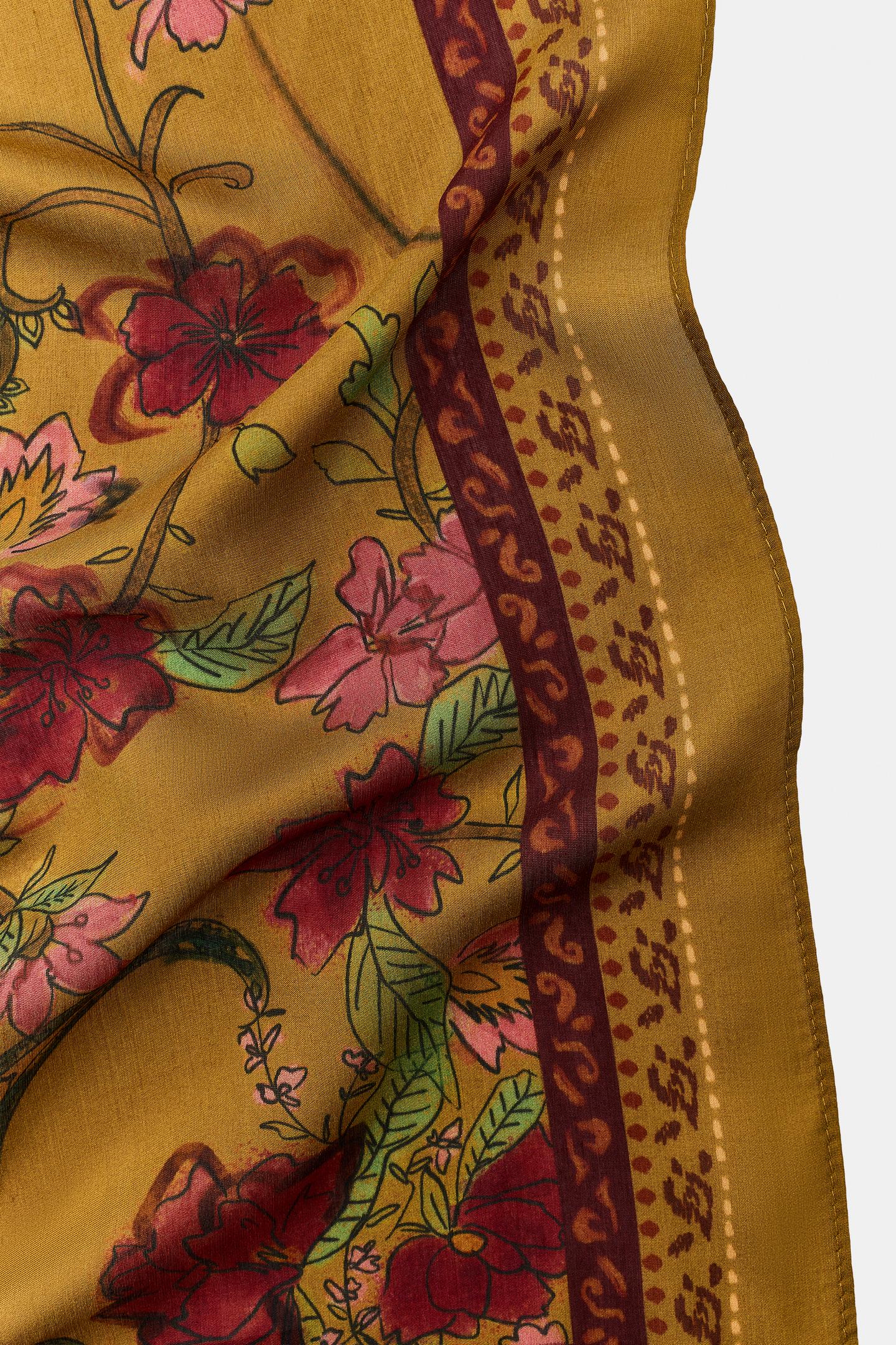 Женский шарф Zara Floral Print Viscose Silk Blend, цвет: Хаки — фото 4