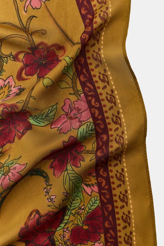 FOULARD MÉLANGE VISCOSE SOIE IMPRIMÉ FLEURS - Kaki de Zara - Image 3