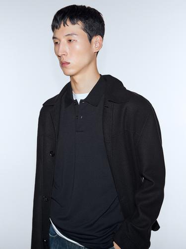 Zara Long sleeve mercerised cotton piqué polo shirt - Navy blue