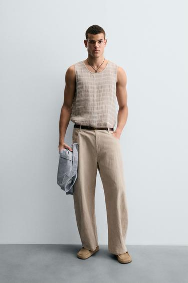 CAMISA DE LINHO - ALGODÃO LISTRADA - Bege-claro da Zara - Imagem 0