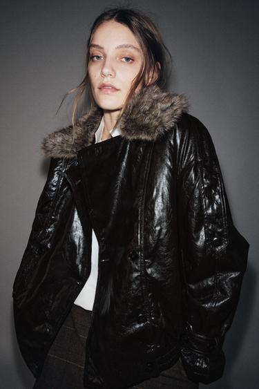 Zara ZW COLLECTION 亮面人造皮草領夾克 - 棕色