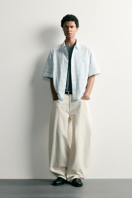 CAMISA MEZCLILLA RELAXED FIT CUADROS - Azul cielo de Zara - Imagen 0