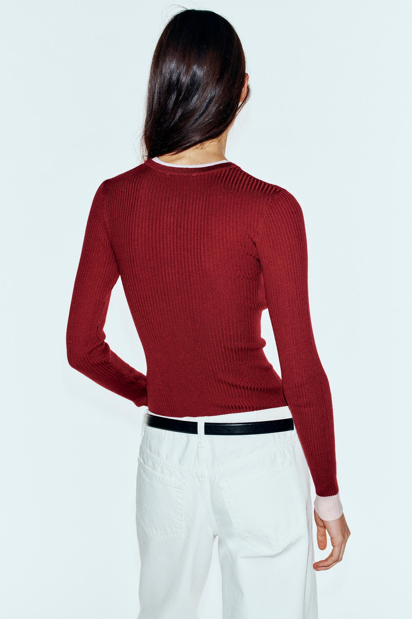 Женский топ Zara Contrast Layered Henley Top, цвет: Тёмно-бордовый — фото 5