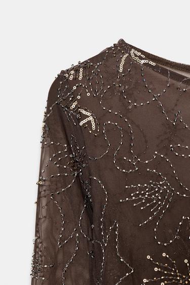 TOP TULLE DRAPÉ BRODÉ FANTAISIE - Marron de Zara - Image 6