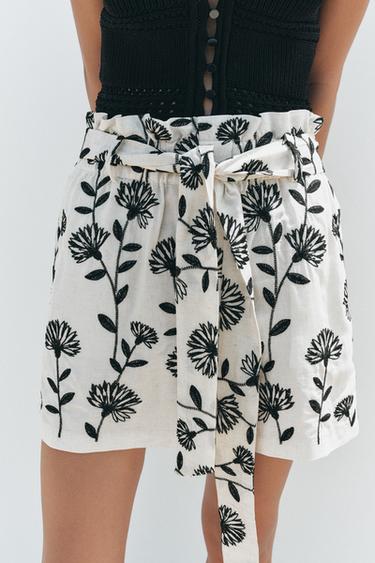 EMBROIDERED PAPER BAG BERMUDA SHORTS - Ecru / Black by Zara - Image 1