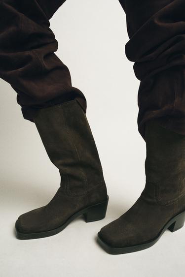 ЧОБОТИ ІЗ ЗАМШЕВОГО СПИЛКА ЗІ СТРОЧКАМИ - Зелений хакі Zara