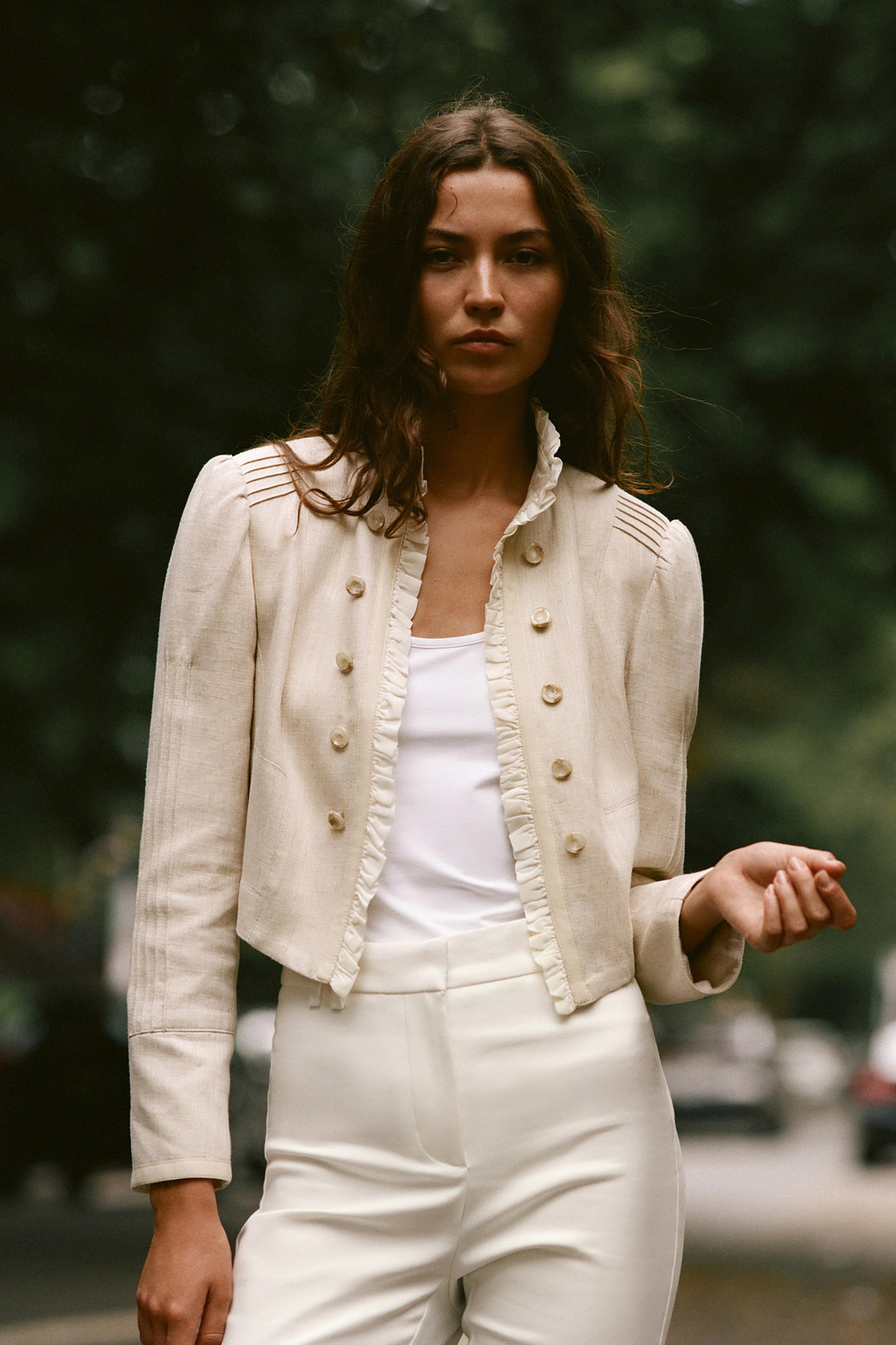 SHORT RUFFLED BLAZER — Light beige