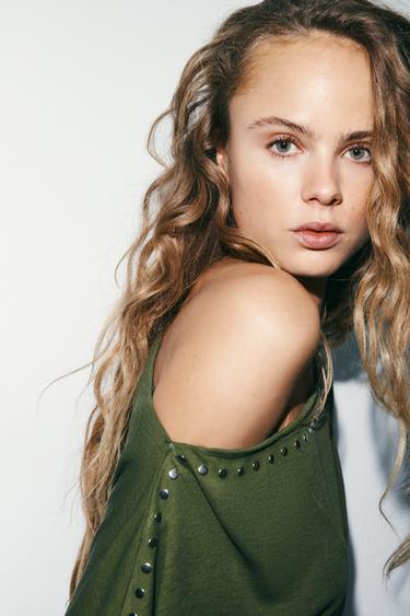 LONG SLEEVE STUDDED T-SHIRT - Green marl by Zara - Image 3