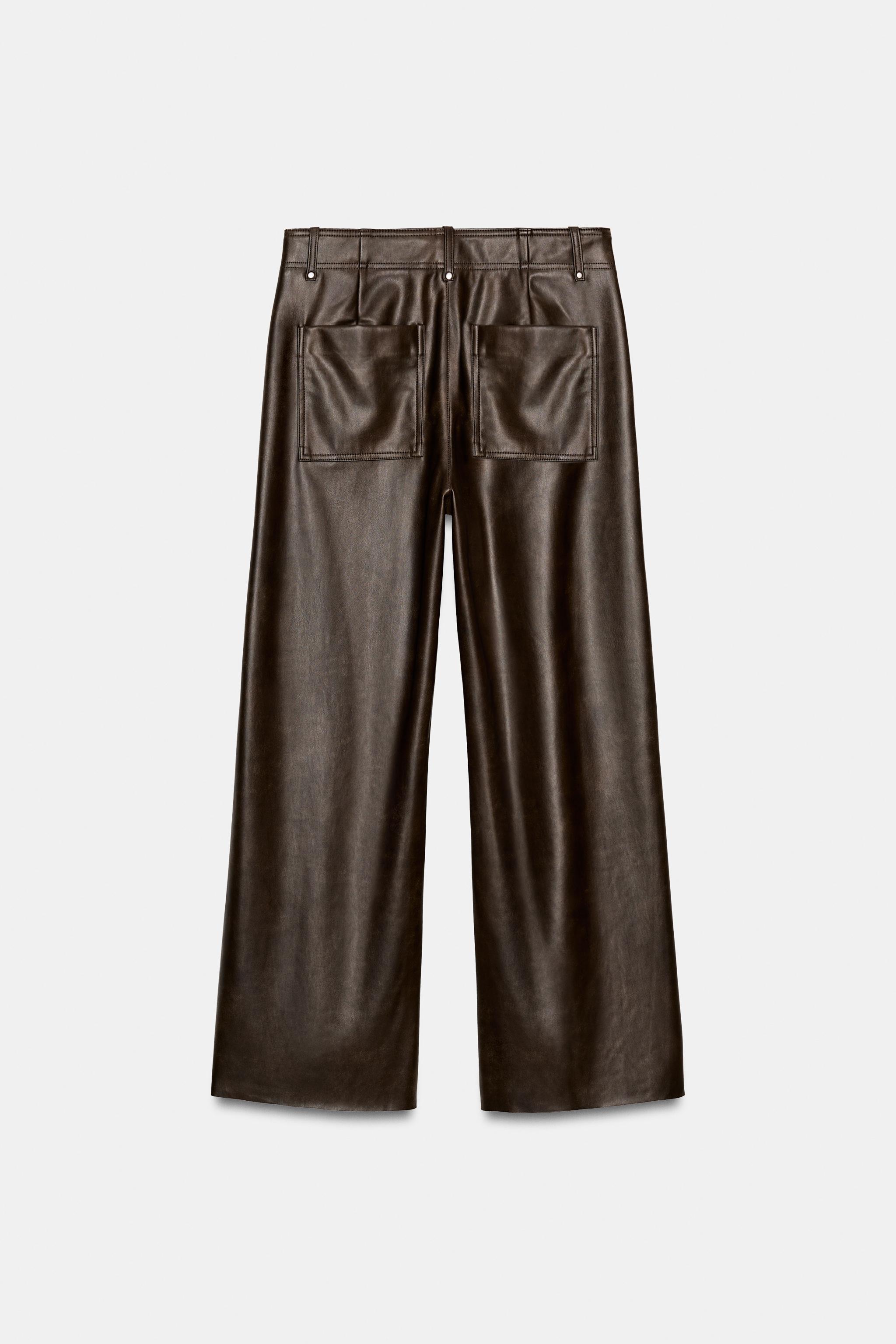 ZW COLLECTION WIDE LEG FAUX LEATHER TAILORED TROUSERS - Brown