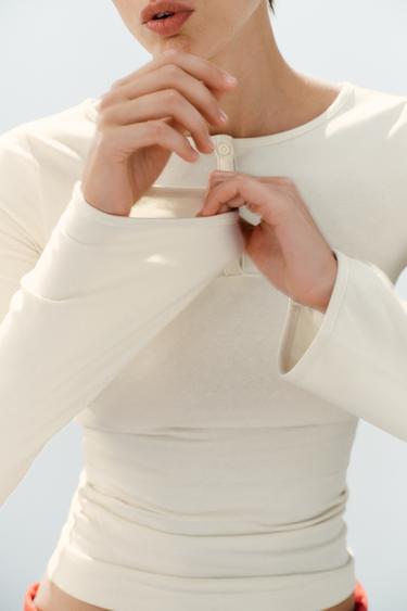 Zara HENLEY T-SHIRT - Ecru