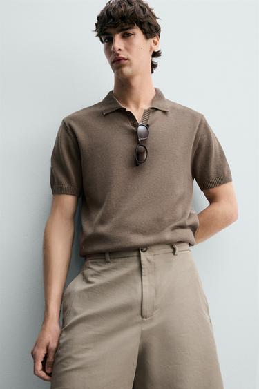 COTTON/LINEN REGULAR FIT KNIT POLO SHIRT - Mink by Zara - Image 5