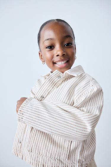 Zara STRIPED TWILL JACKET WITH BOWS - Ecru