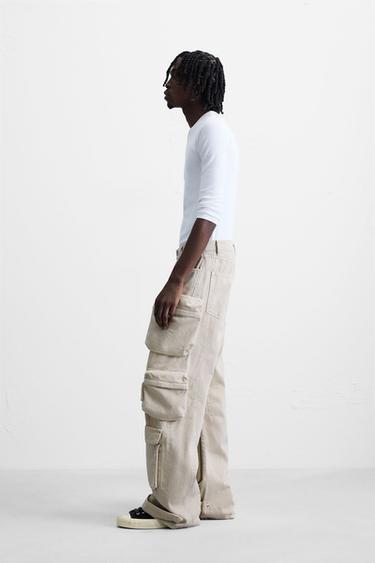 PANTALON CARGO EN DENIM AVEC POCHES - Marron clair de Zara - Image 3
