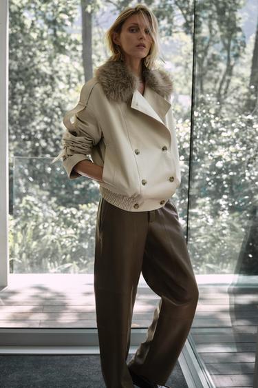 PANTALON DROIT EN CUIR ZW COLLECTION ÉDITION LIMITÉE - Kaki foncé de Zara - Image 1