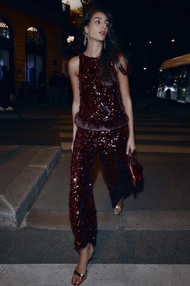 SEQUINNED BARREL TROUSERS - Burgundy by Zara