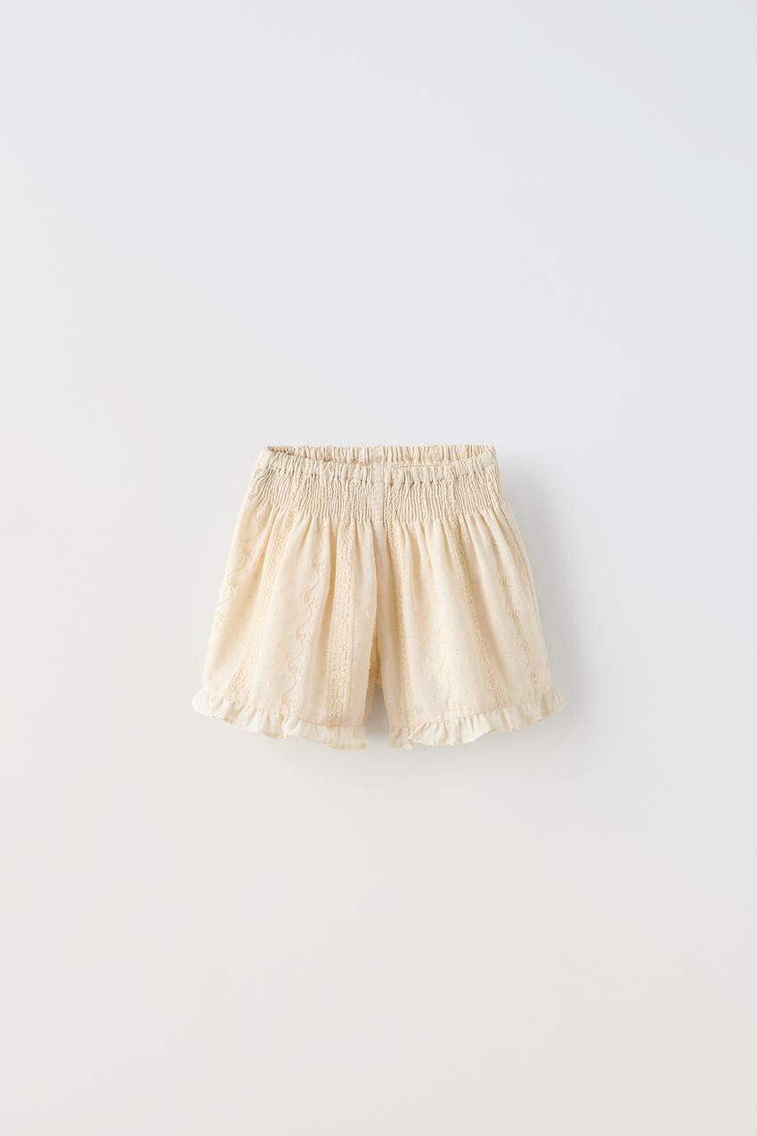 EMBROIDERED DOTTED MESH SHORTS - Ecru