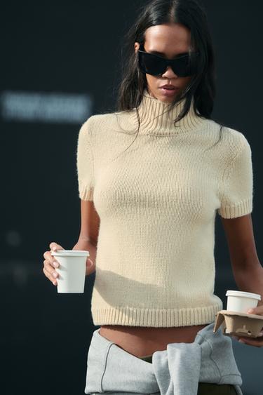 SHORT SLEEVE KNIT SWEATER — Ecru 2